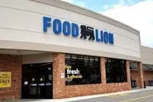 A food lion store front with the sign lit up.