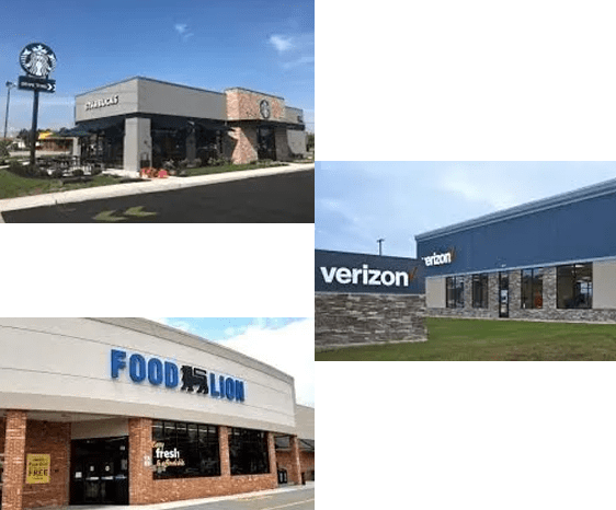 A series of four different buildings with the words food palace, verizon and food link on them.